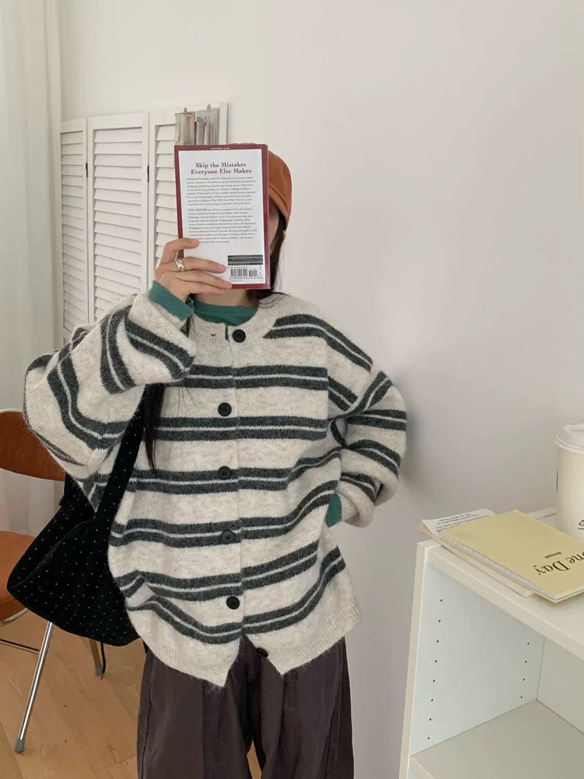 DOUZEMOIS韓國代購㊣女裝新品時尚熱賣真品針織衫羊毛開衫條紋DOUZEMOIS針織衫