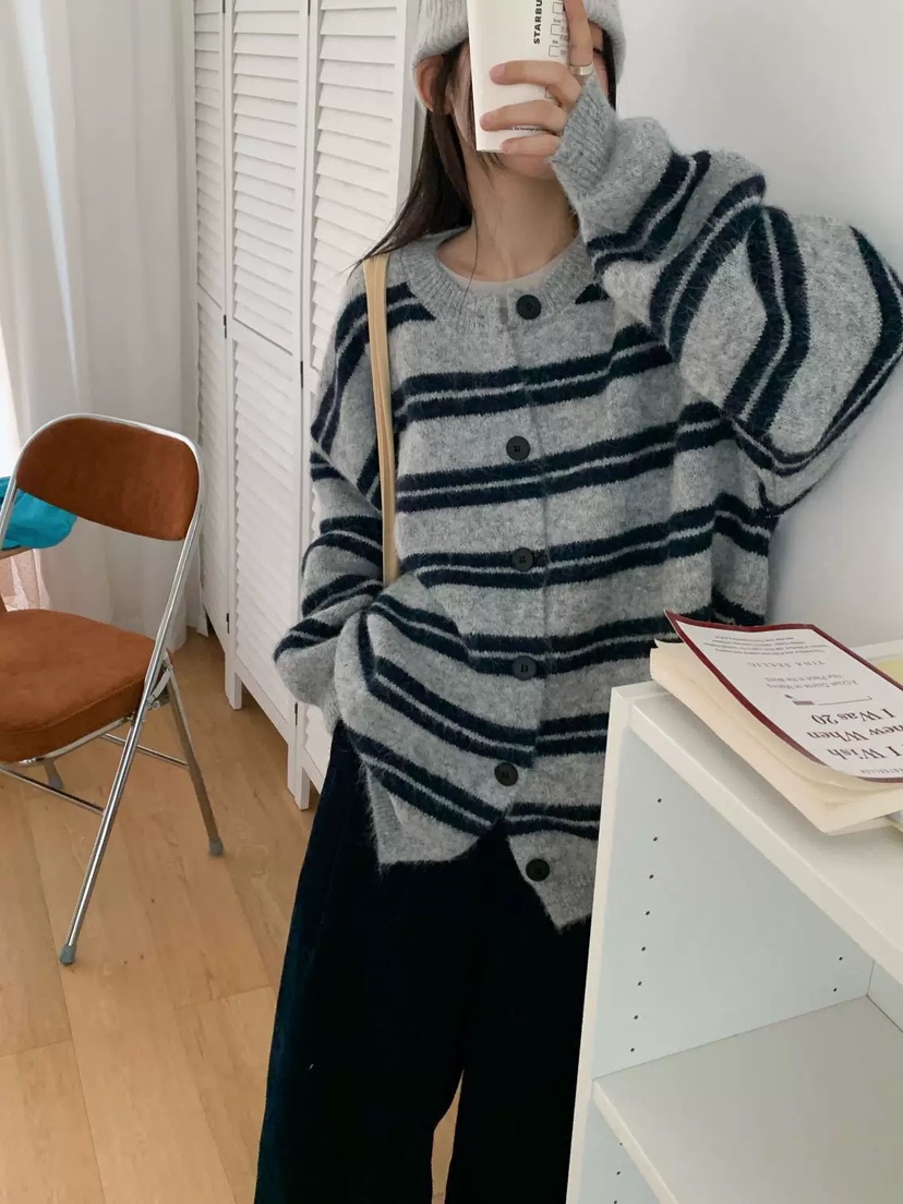 DOUZEMOIS韓國代購㊣女裝新品時尚熱賣真品針織衫羊毛開衫條紋DOUZEMOIS針織衫圖色1