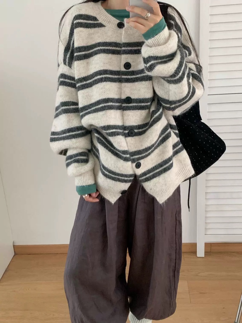 DOUZEMOIS韓國代購㊣女裝新品時尚熱賣真品針織衫羊毛開衫條紋DOUZEMOIS針織衫圖色2