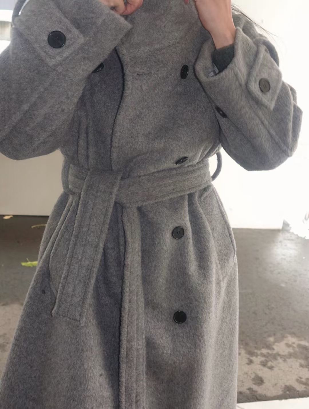 ALL OVER東大門㊣代購女裝新款真品中長款大衣含腰帶羊駝高領ALL OVER中長款大衣