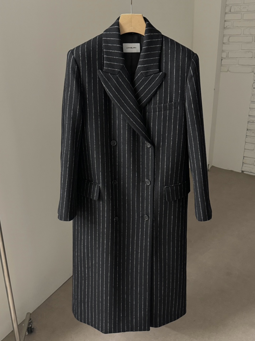 LOWBURN東大門㊣直郵女士新品職業休閑推薦真品中長款大衣條紋LOWBURN中長款大衣圖色2黑色