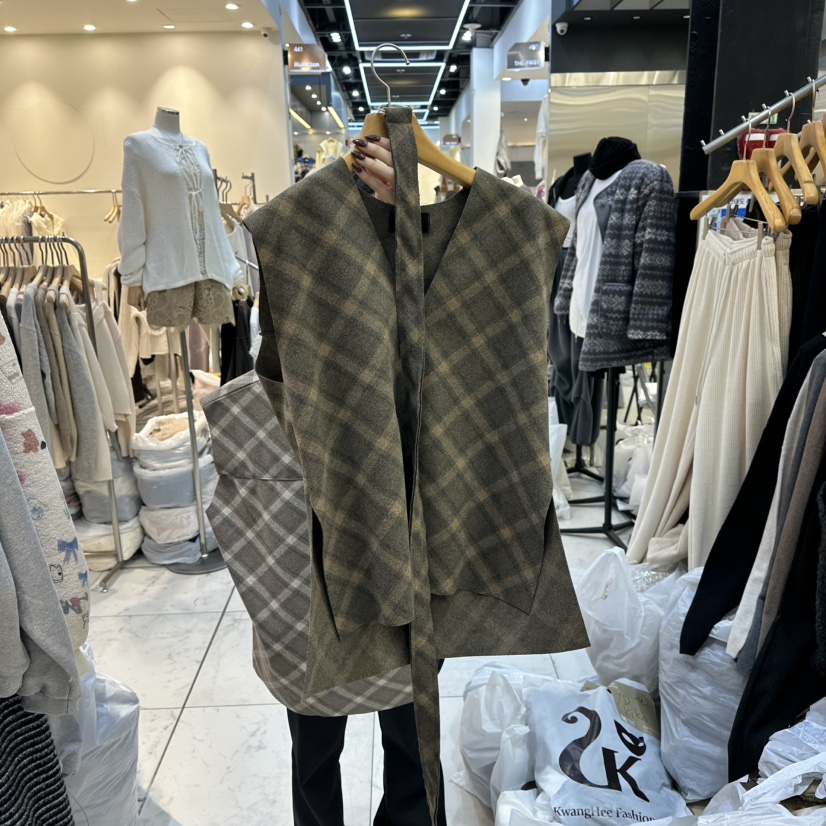 SANS東大門㊣代購女士新品休閑25秋冬人氣吊帶背心含腰帶格子SANS吊帶/背心圖色1