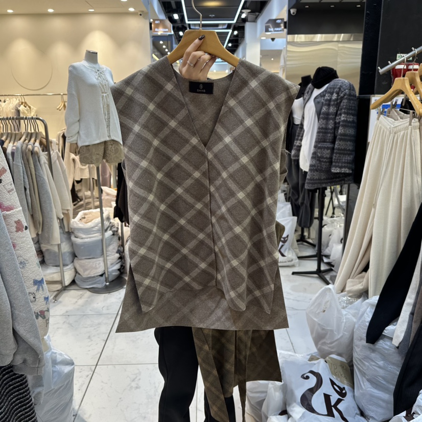 SANS東大門㊣代購女士新品休閑25秋冬人氣吊帶背心含腰帶格子SANS吊帶/背心圖色2