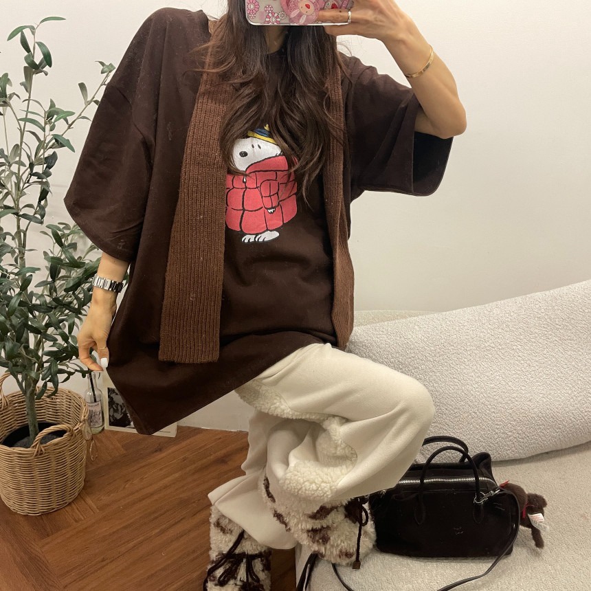 OURWAVE/OUR ROOM東大門㊣代購女裝新品人氣T恤史努比加絨抓絨Our Wave/Our RoomT恤