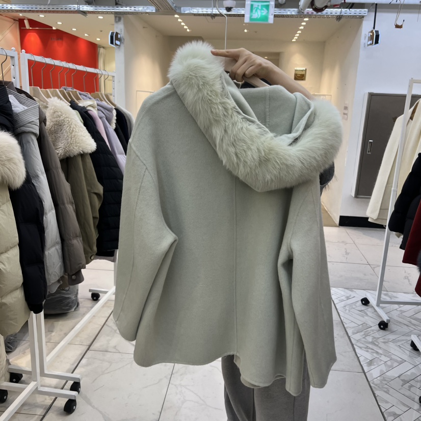 SIMPLE PARK/WMSTORY東大門㊣直郵女裝新品職業中長款大衣毛皮兜帽SIMPLE PARK/WMSTORY中長款大衣