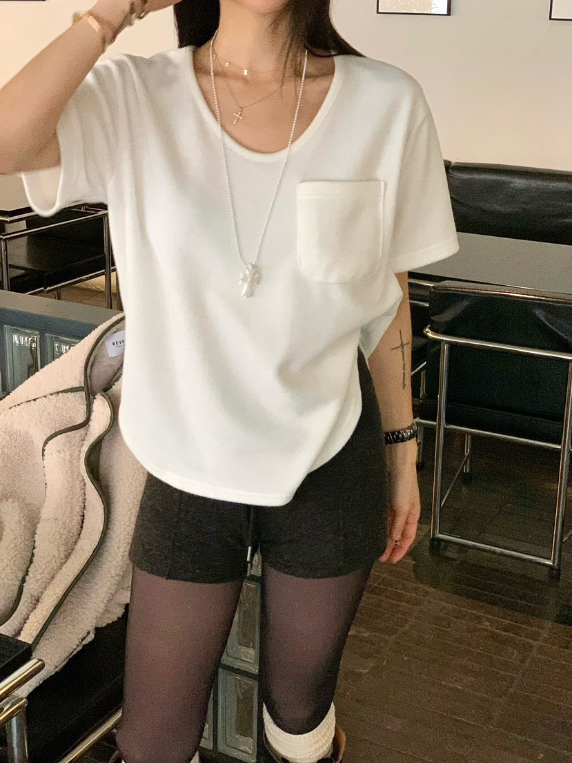 REVE CITE-L韓國代購㊣女裝新品職業推薦時尚T恤口袋抓絨REVE CITE-LT恤圖色2