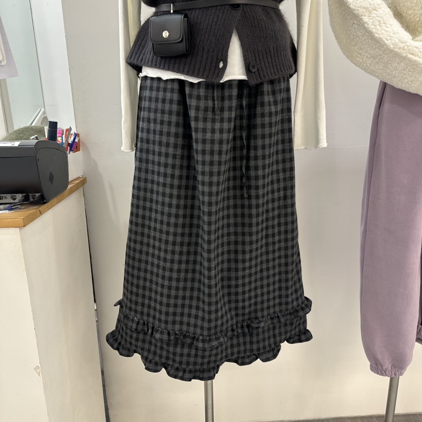 DELIGHT-L東大門㊣直郵女士新款休閑熱賣職業長裙荷葉邊格子DELIGHT-L長裙圖色1