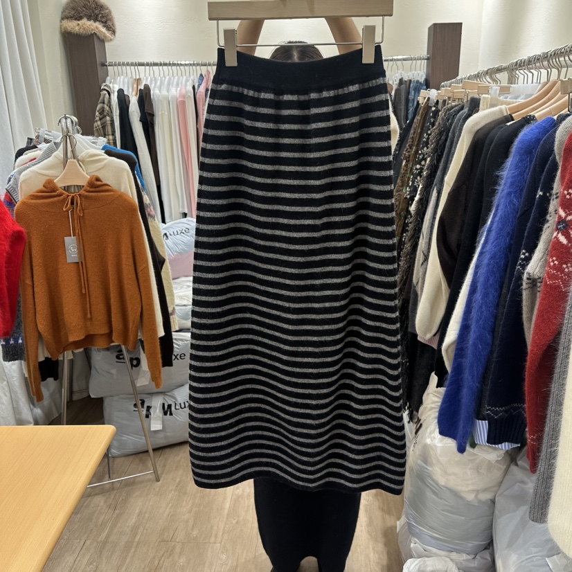 HANSUNGHYUN東大門㊣代購女裝新款休閑人氣25秋冬長裙羊毛條紋HANSUNGHYUN長裙圖色2