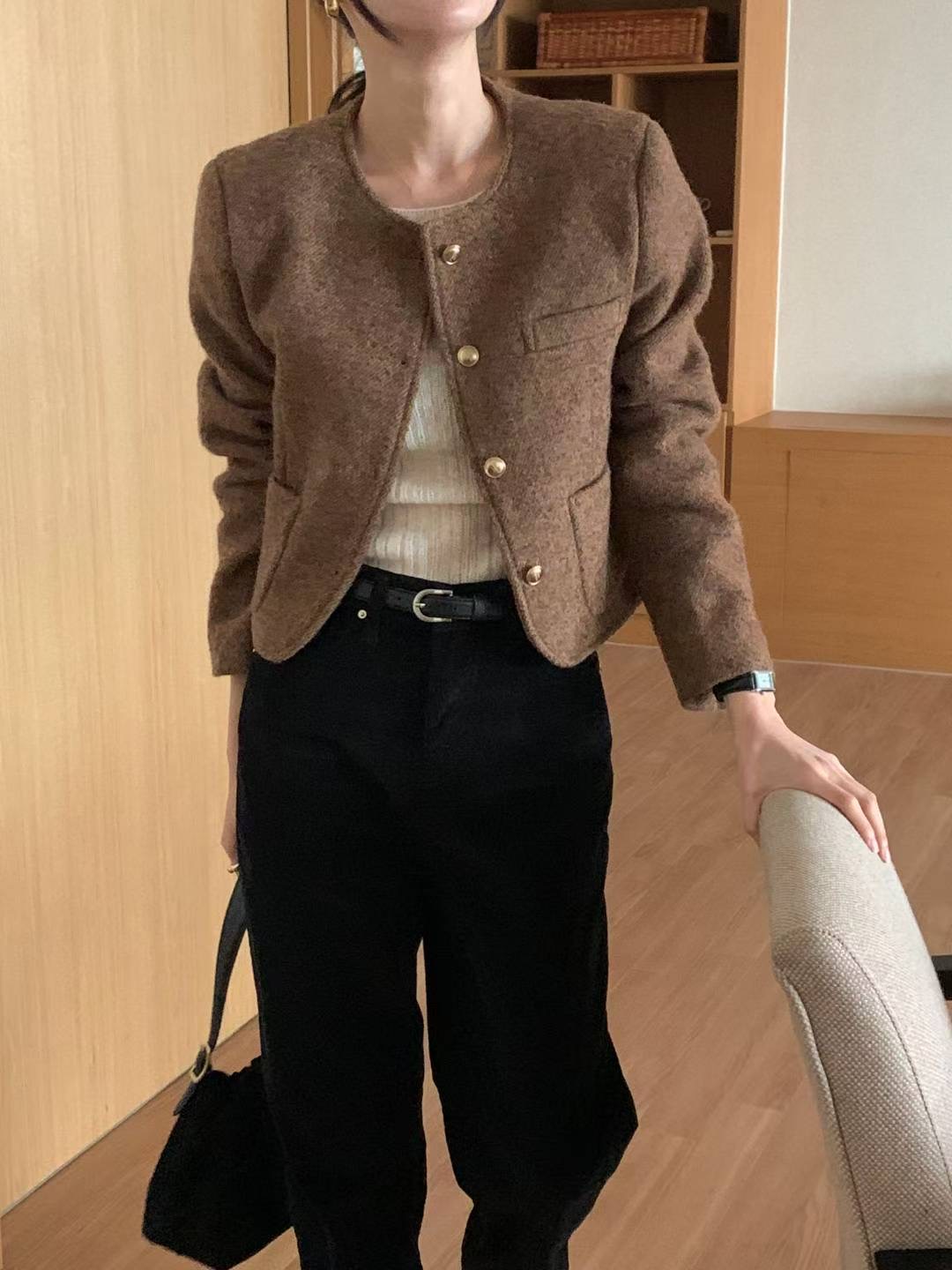 INOUF韓國代購㊣女裝新款人氣熱賣時尚休閑25秋冬夾克粗花呢羊毛INOUF/FLUTTER夾克