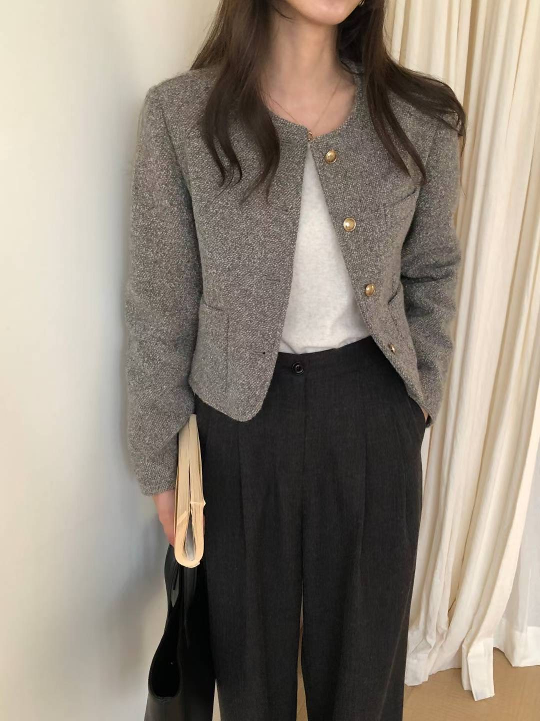 INOUF韓國代購㊣女裝新款人氣熱賣時尚休閑25秋冬夾克粗花呢羊毛INOUF/FLUTTER夾克圖色1