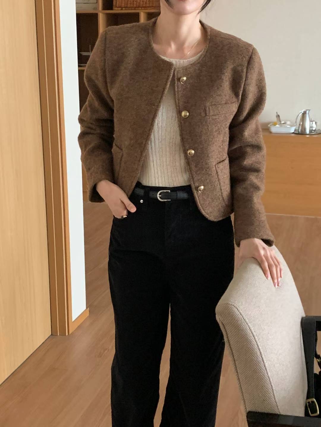 INOUF韓國代購㊣女裝新款人氣熱賣時尚休閑25秋冬夾克粗花呢羊毛INOUF/FLUTTER夾克圖色2