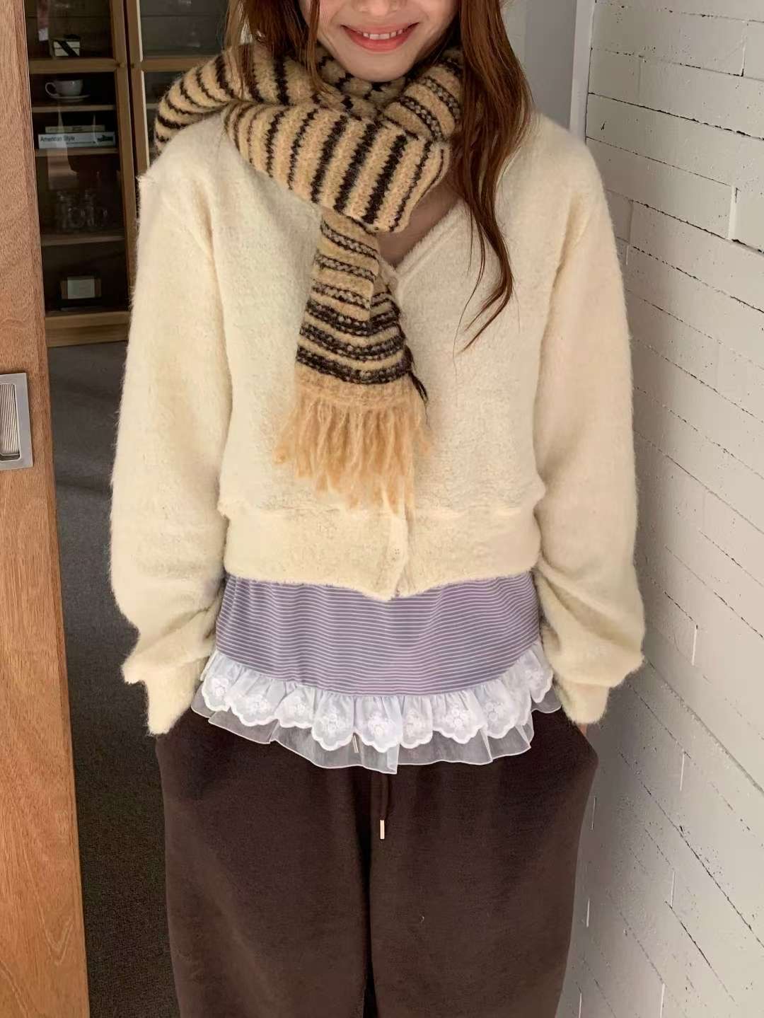 OURSTUDIO韓國直郵㊣女裝新品休閑熱賣針織衫毛圈布V領開衫OURSTUDIO針織衫