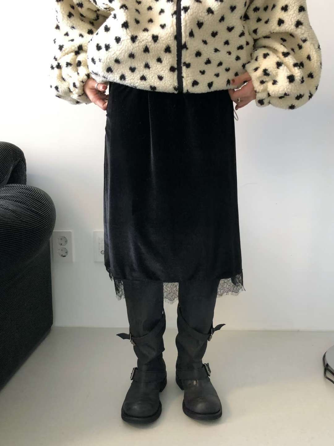 OURSTUDIO東大門㊣代購女士新款人氣半身裙中短裙天鵝絨蕾絲OURSTUDIO半身裙/中短裙