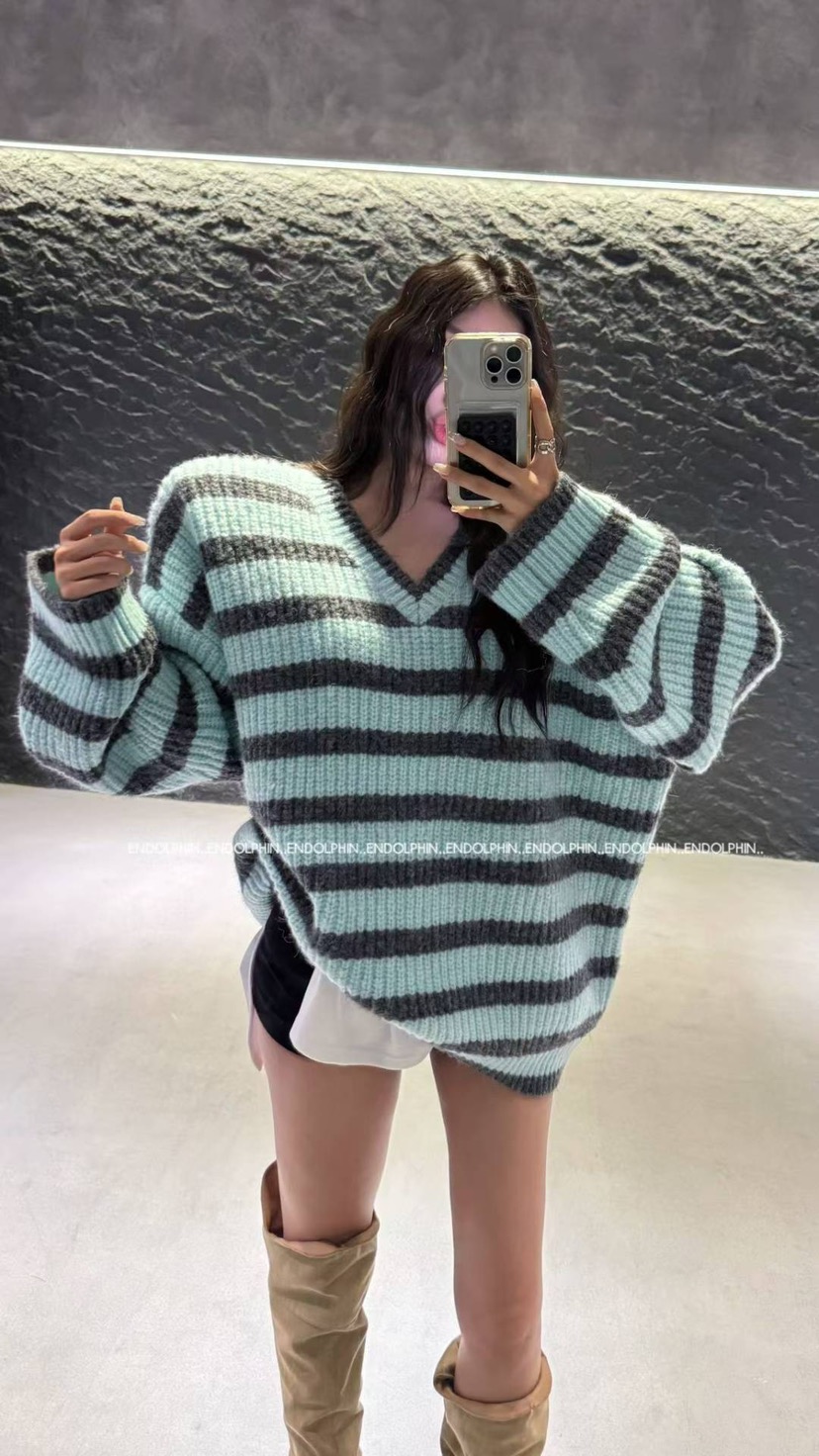ENDOLPHIN東大門㊣代購女裝新品真品職業人氣休閑毛衣V領條紋ENDOLPHIN毛衣圖色1