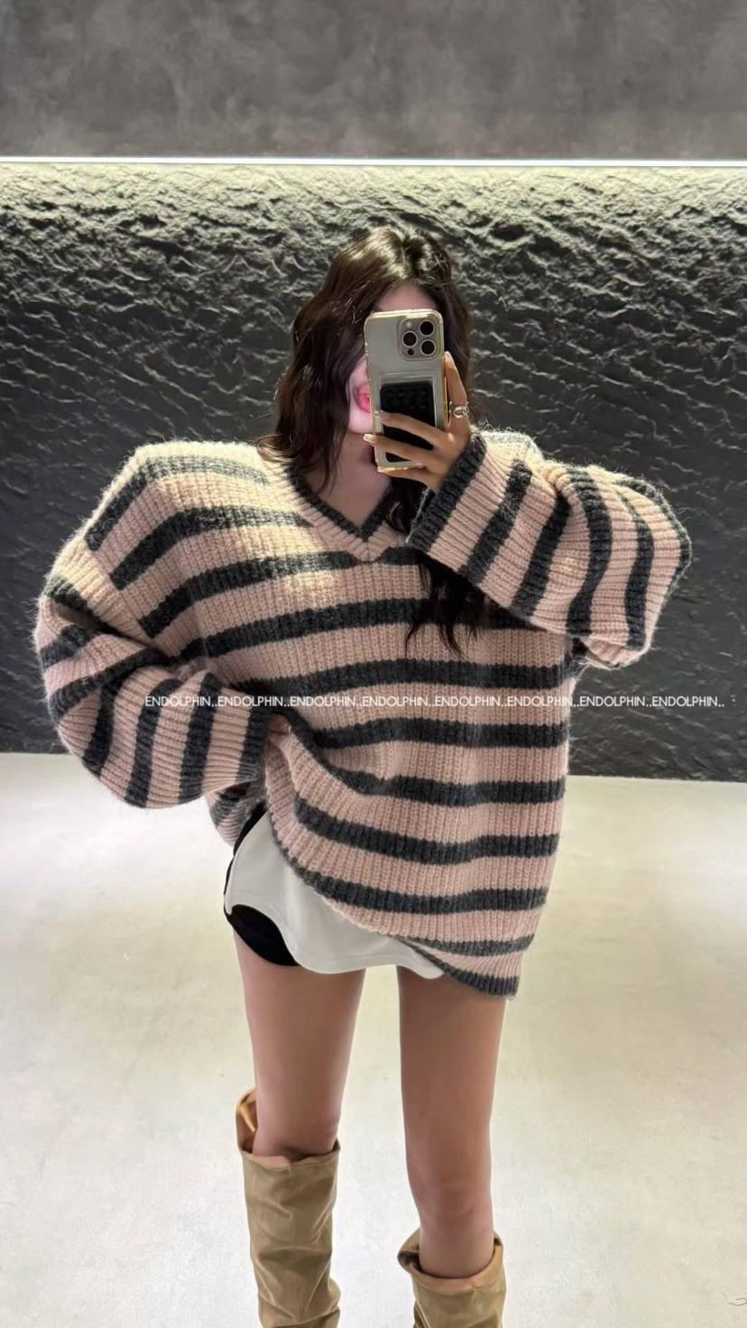 ENDOLPHIN東大門㊣代購女裝新品真品職業人氣休閑毛衣V領條紋ENDOLPHIN毛衣圖色2