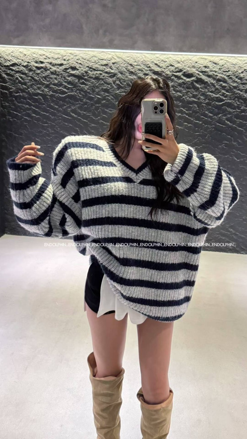 ENDOLPHIN東大門㊣代購女裝新品真品職業人氣休閑毛衣V領條紋ENDOLPHIN毛衣圖色3