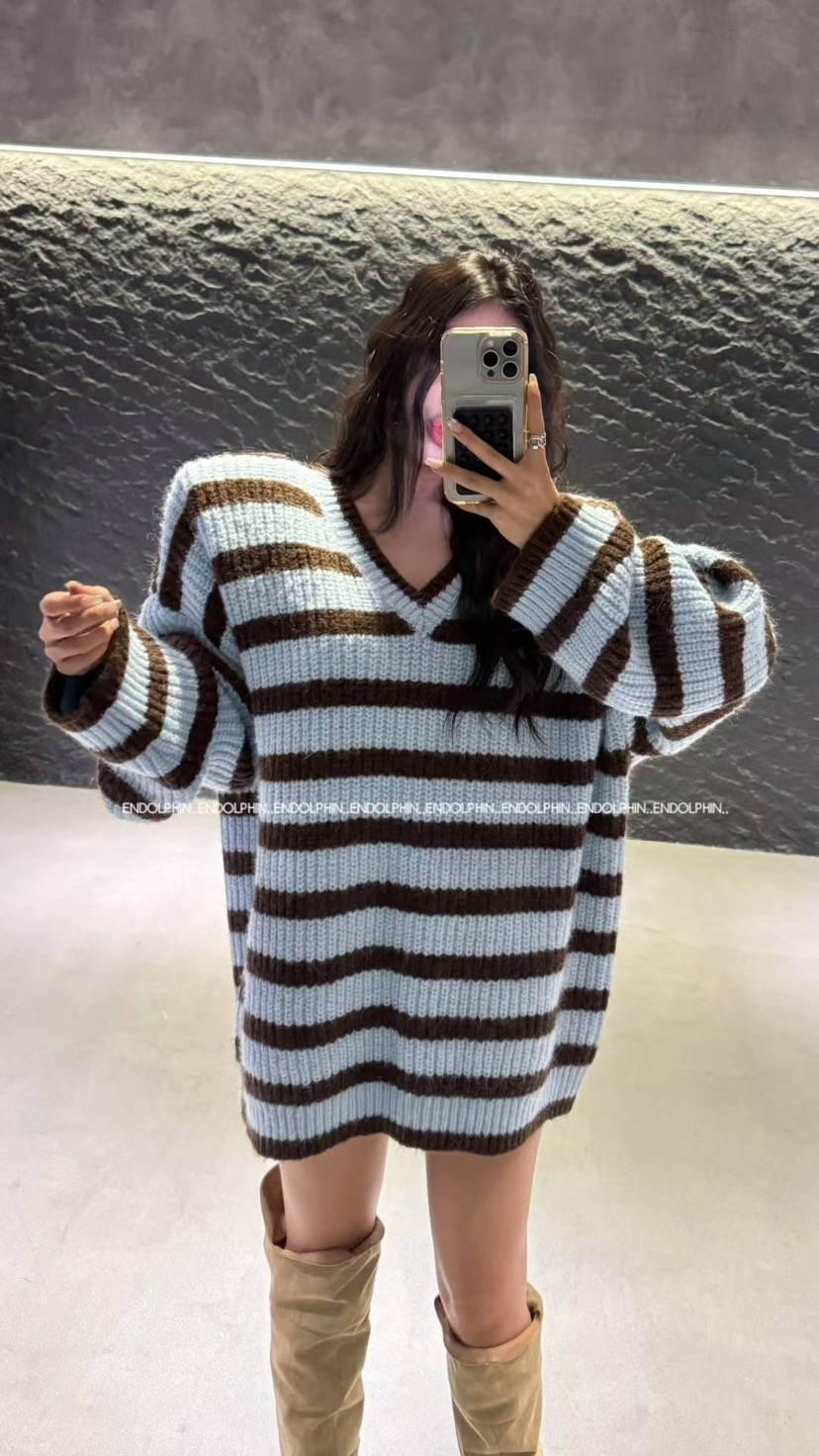 ENDOLPHIN東大門㊣代購女裝新品真品職業人氣休閑毛衣V領條紋ENDOLPHIN毛衣圖色4