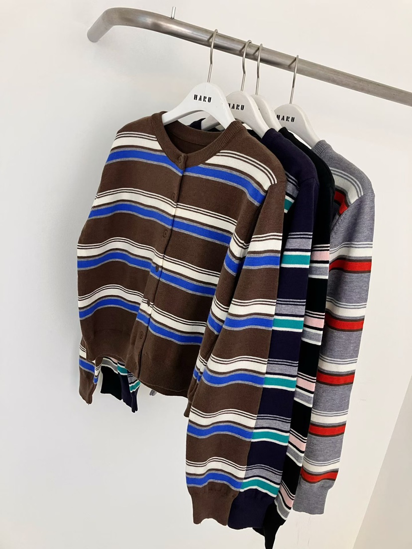 HARU-Q東大門㊣代購女裝新款職業25秋冬真品針織衫開衫條紋HARU-Q針織衫