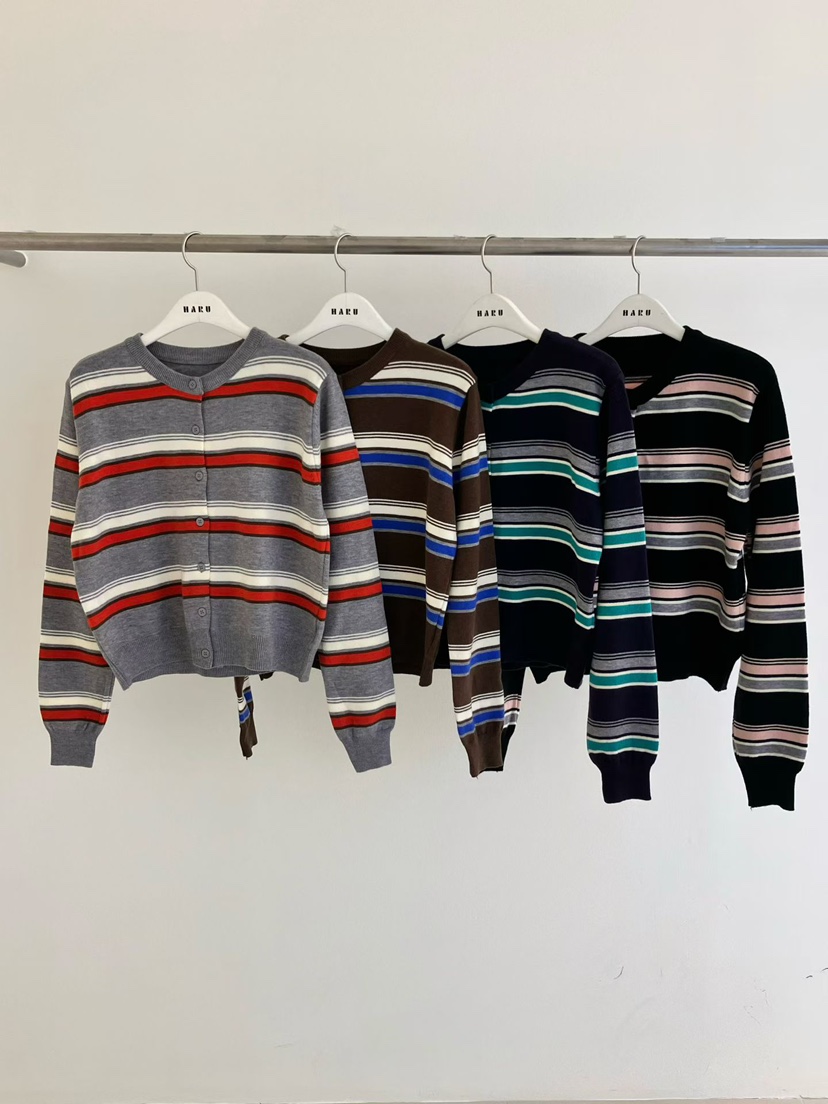 HARU-Q東大門㊣代購女裝新款職業25秋冬真品針織衫開衫條紋HARU-Q針織衫
