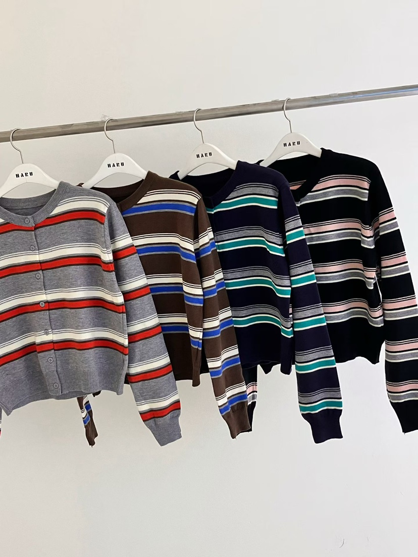 HARU-Q東大門㊣代購女裝新款職業25秋冬真品針織衫開衫條紋HARU-Q針織衫