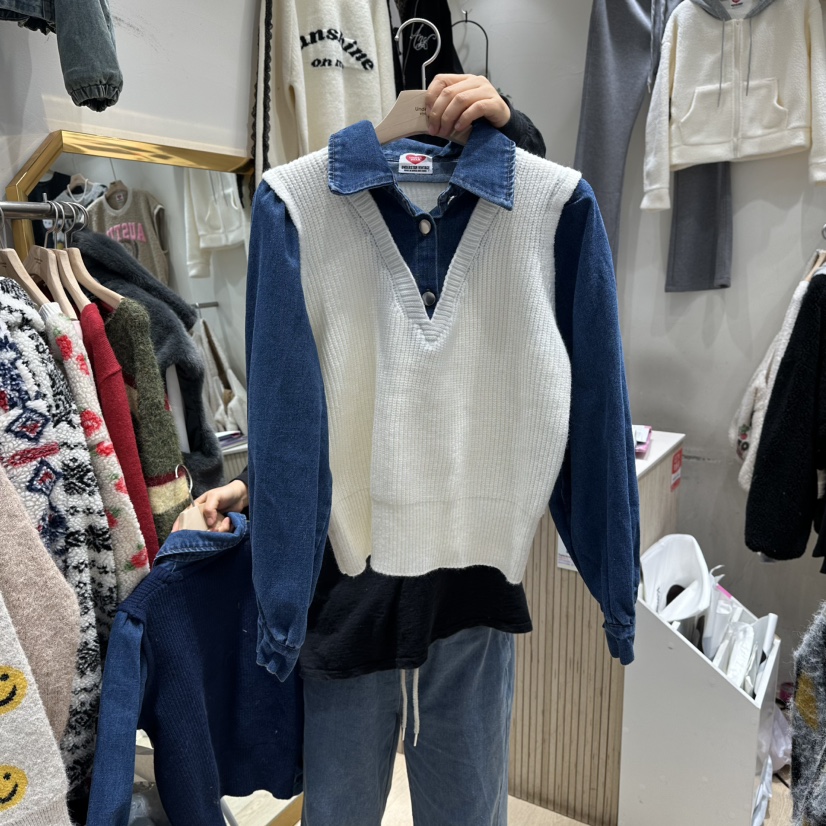 UNDERSTAR_VINTAGE東大門㊣實拍女士新款推薦襯衫蕾絲衫假兩件UNDERSTAR_VINTAGE襯衫/蕾絲衫圖色1