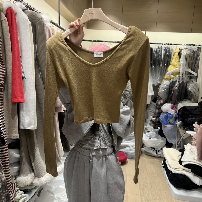 MEMOIRE韓國代購㊣女士新款時尚人氣25秋冬熱賣休閑長袖T恤V領MEMOIRE長袖T恤圖色1