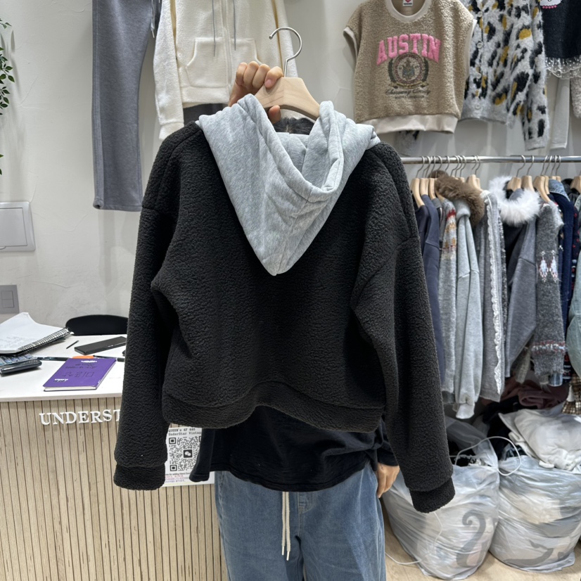 UNDERSTAR_VINTAGE韓國代購㊣女裝新品時尚夾克連帽拉鏈衫抓絨UNDERSTAR_VINTAGE夾克