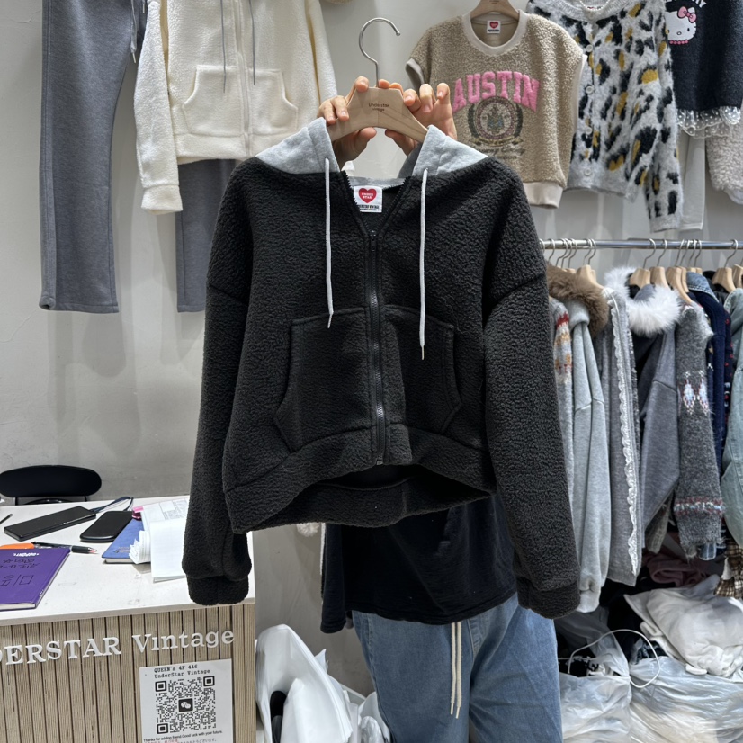UNDERSTAR_VINTAGE韓國代購㊣女裝新品時尚夾克連帽拉鏈衫抓絨UNDERSTAR_VINTAGE夾克圖色2