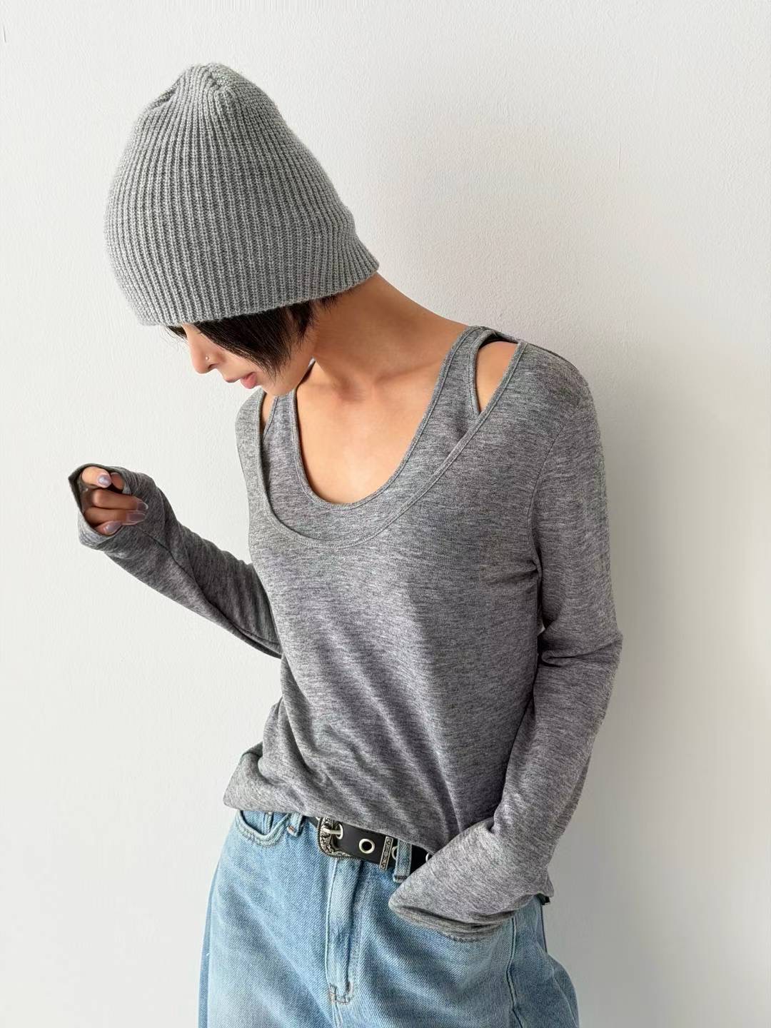 DOTNODI（無品牌標）東大門㊣實拍女士新品時尚長袖T恤假兩件DOTNODI長袖T恤