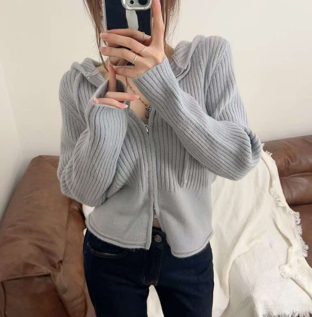 KITSCH韓國直郵㊣女裝新品時尚25秋冬人氣針織衫連帽拉鏈衫KITSCH針織衫