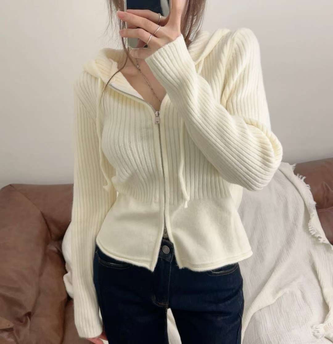 KITSCH韓國直郵㊣女裝新品時尚25秋冬人氣針織衫連帽拉鏈衫KITSCH針織衫圖色1