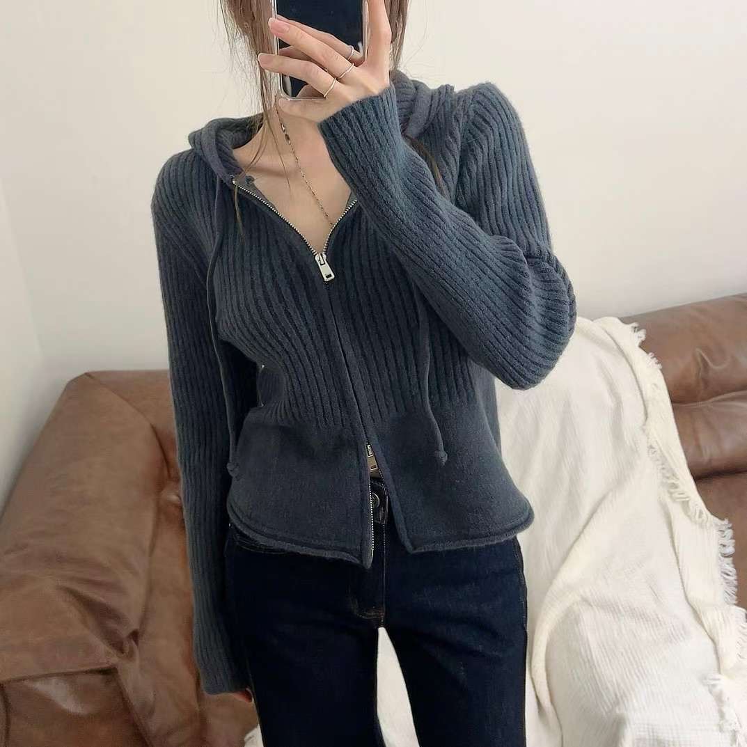KITSCH韓國直郵㊣女裝新品時尚25秋冬人氣針織衫連帽拉鏈衫KITSCH針織衫圖色3