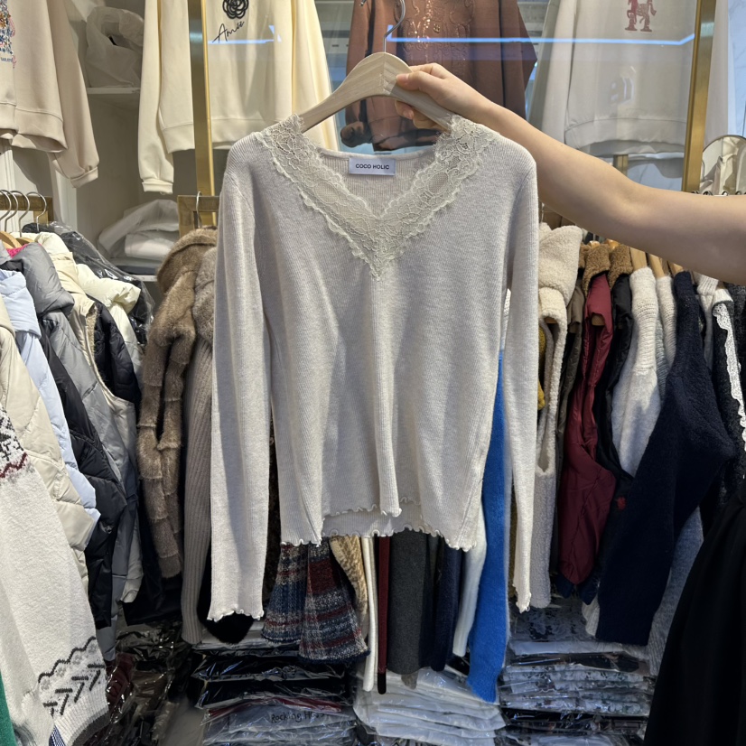 COCO HOLIC韓國直郵㊣女裝新款25秋冬職業休閑針織衫V領蕾絲COCO HOLIC針織衫圖色1