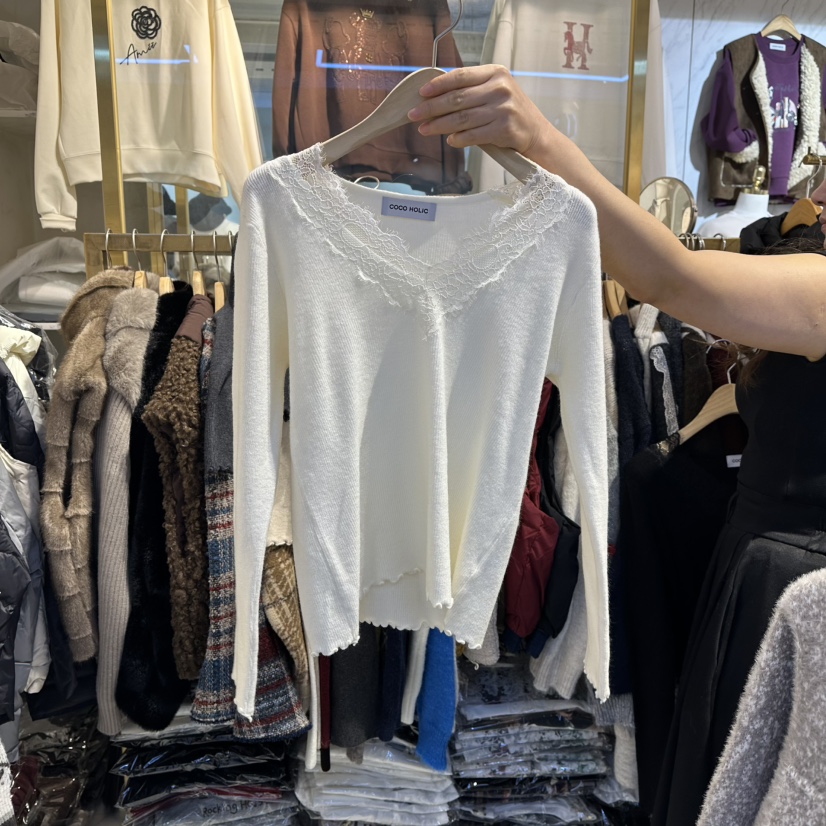 COCO HOLIC韓國直郵㊣女裝新款25秋冬職業休閑針織衫V領蕾絲COCO HOLIC針織衫圖色2