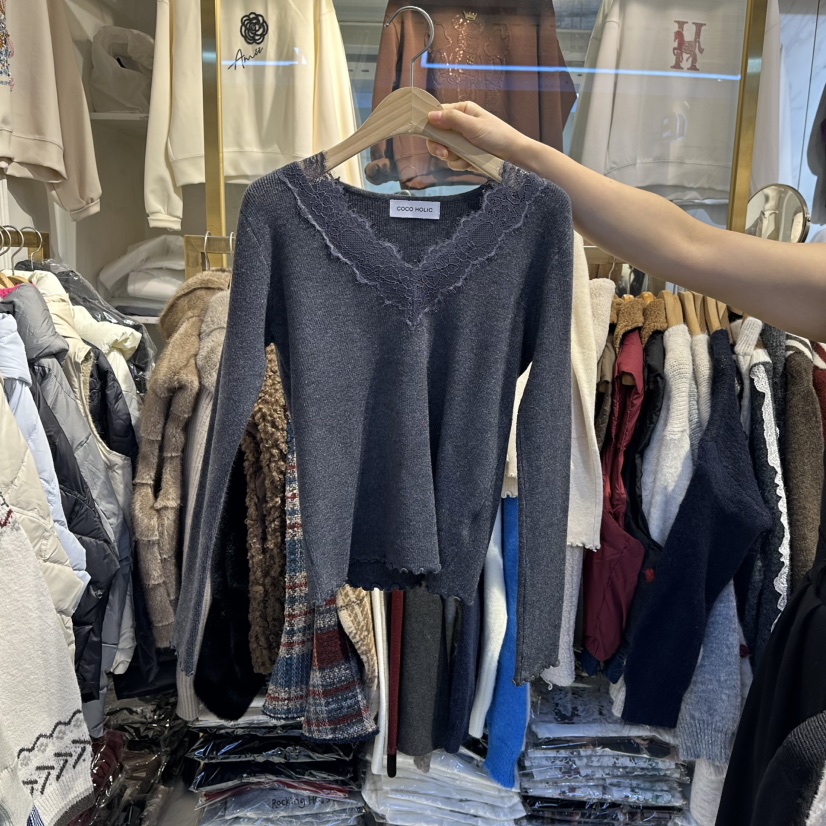 COCO HOLIC韓國直郵㊣女裝新款25秋冬職業休閑針織衫V領蕾絲COCO HOLIC針織衫圖色3