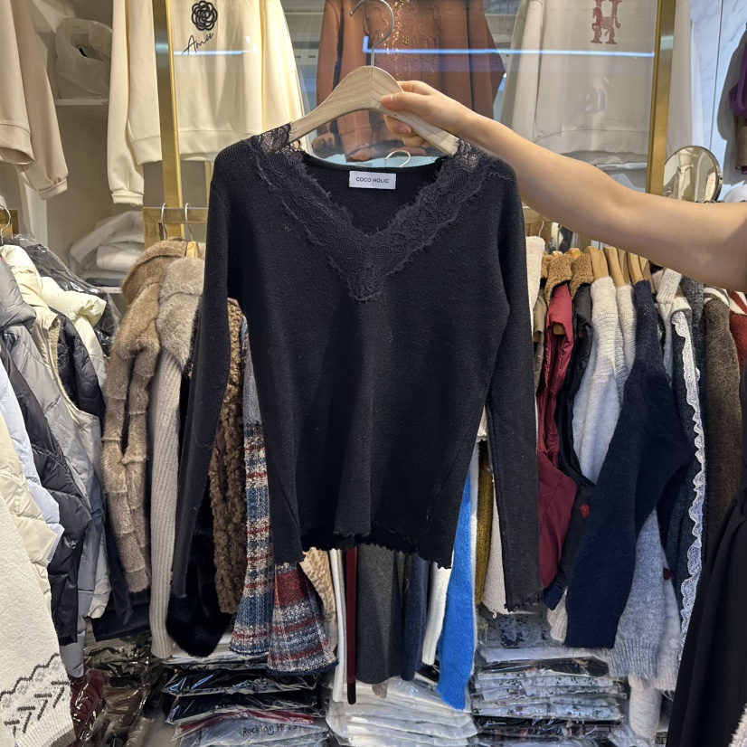 COCO HOLIC韓國直郵㊣女裝新款25秋冬職業休閑針織衫V領蕾絲COCO HOLIC針織衫圖色4