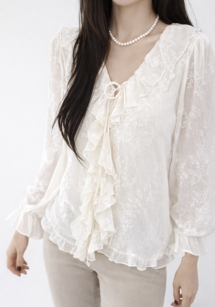 CORAL韓國代購㊣女士新品人氣襯衫蕾絲衫不含項鏈荷葉邊蕾絲CORAL襯衫/蕾絲衫