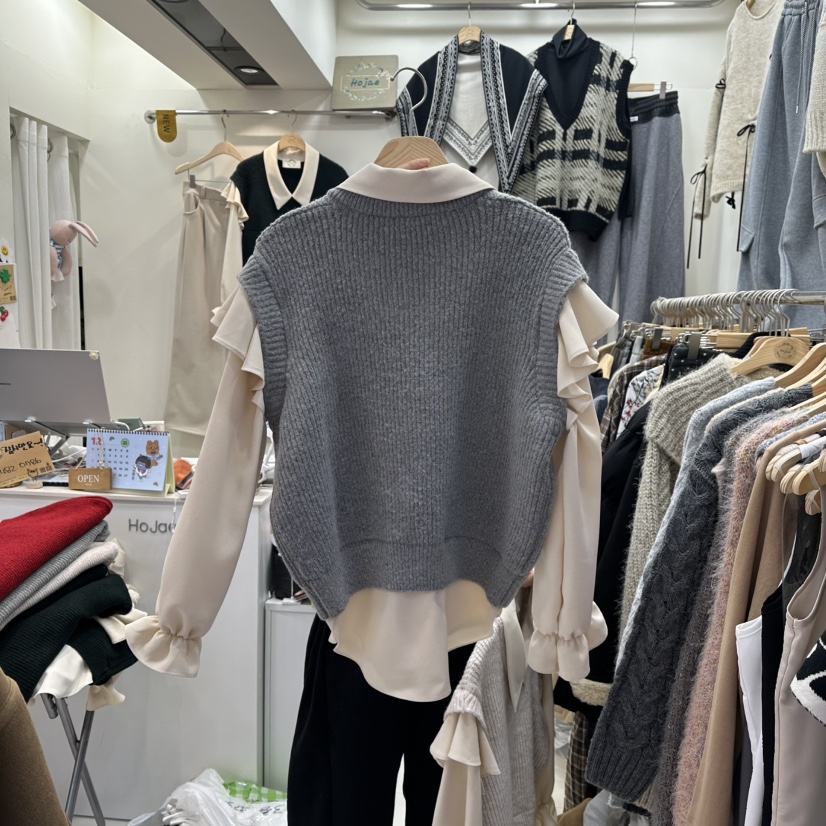 HOJAE東大門㊣代購女裝新品25秋冬熱賣襯衫蕾絲衫假兩件荷葉邊MID-LEVEL JUMP襯衫/蕾絲衫