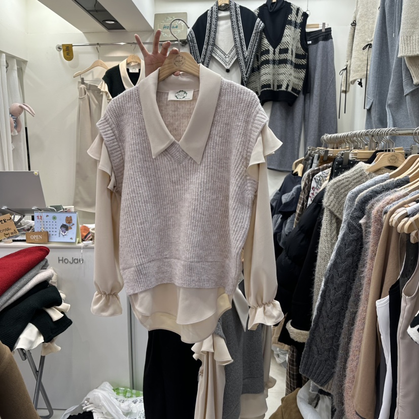 HOJAE東大門㊣代購女裝新品25秋冬熱賣襯衫蕾絲衫假兩件荷葉邊MID-LEVEL JUMP襯衫/蕾絲衫圖色1