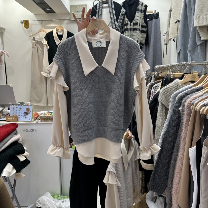 HOJAE東大門㊣代購女裝新品25秋冬熱賣襯衫蕾絲衫假兩件荷葉邊MID-LEVEL JUMP襯衫/蕾絲衫圖色2