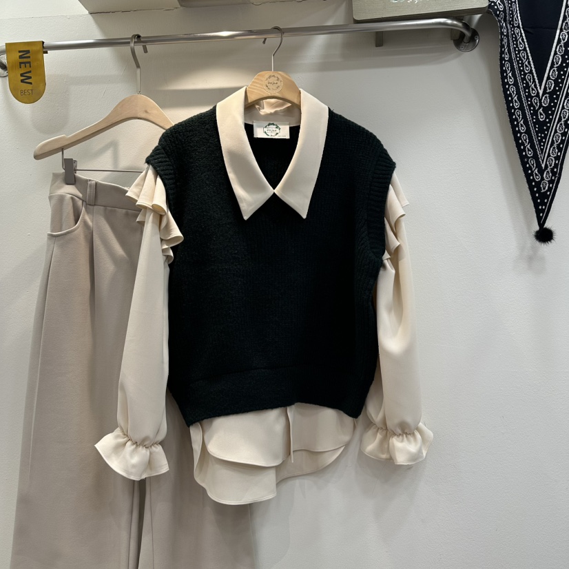 HOJAE東大門㊣代購女裝新品25秋冬熱賣襯衫蕾絲衫假兩件荷葉邊MID-LEVEL JUMP襯衫/蕾絲衫圖色3