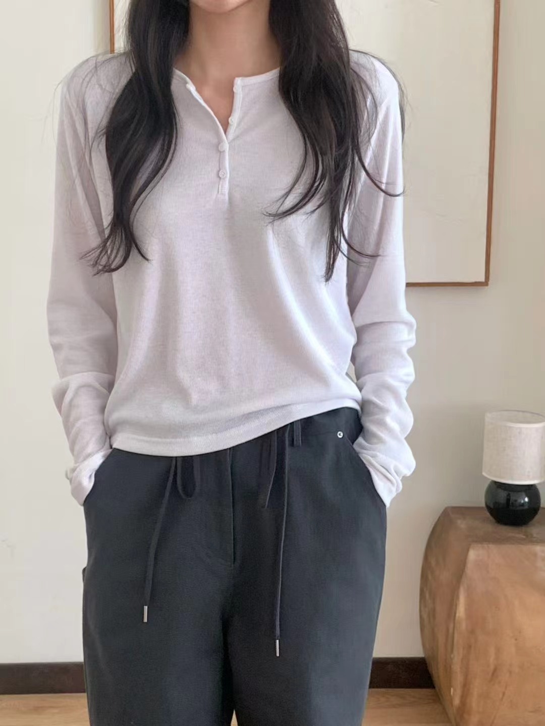 STAY韓國代購㊣女裝新品熱賣休閑25秋冬時尚人氣長袖T恤紐扣STAY長袖T恤