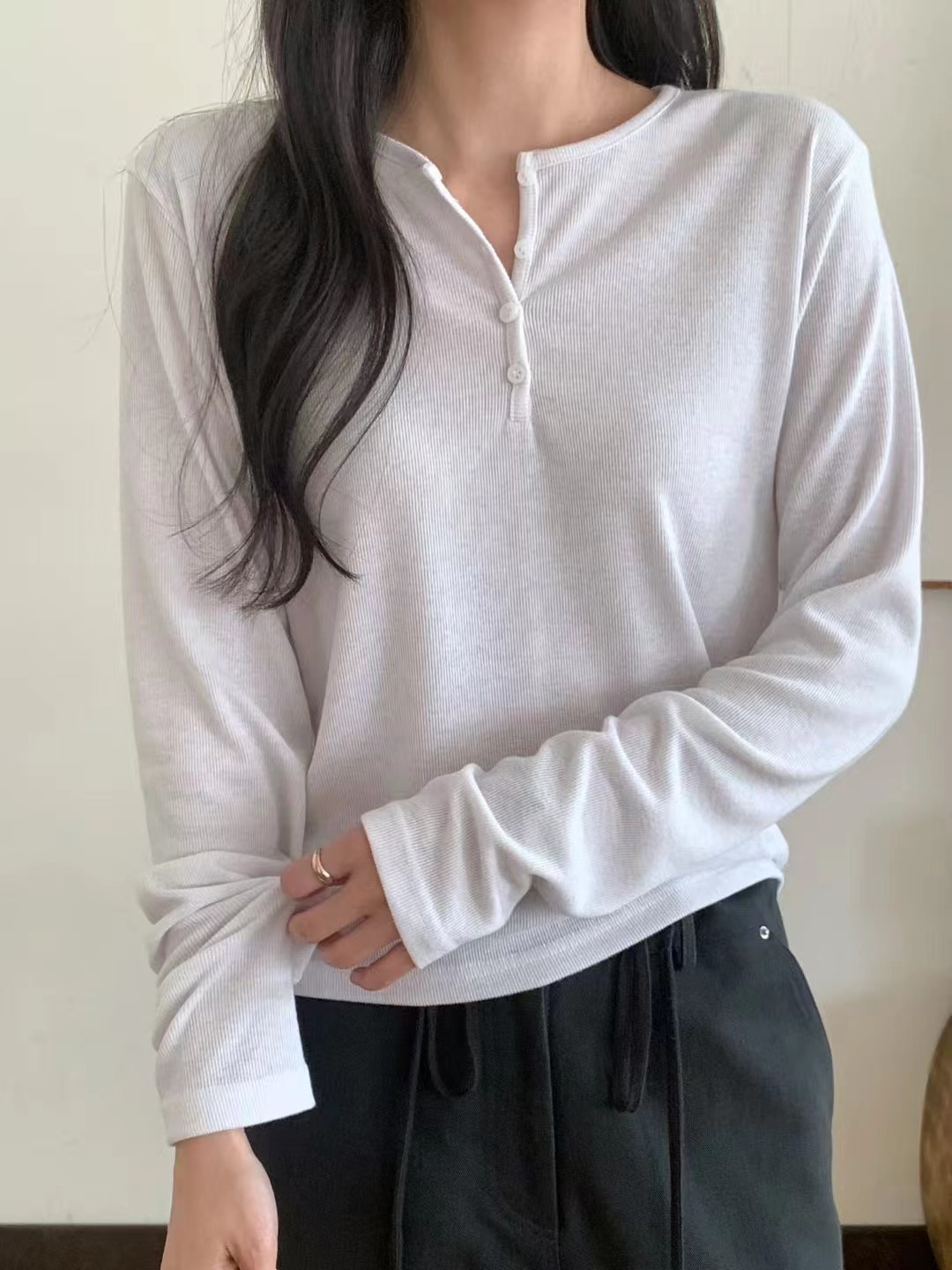 STAY韓國代購㊣女裝新品熱賣休閑25秋冬時尚人氣長袖T恤紐扣STAY長袖T恤圖色1