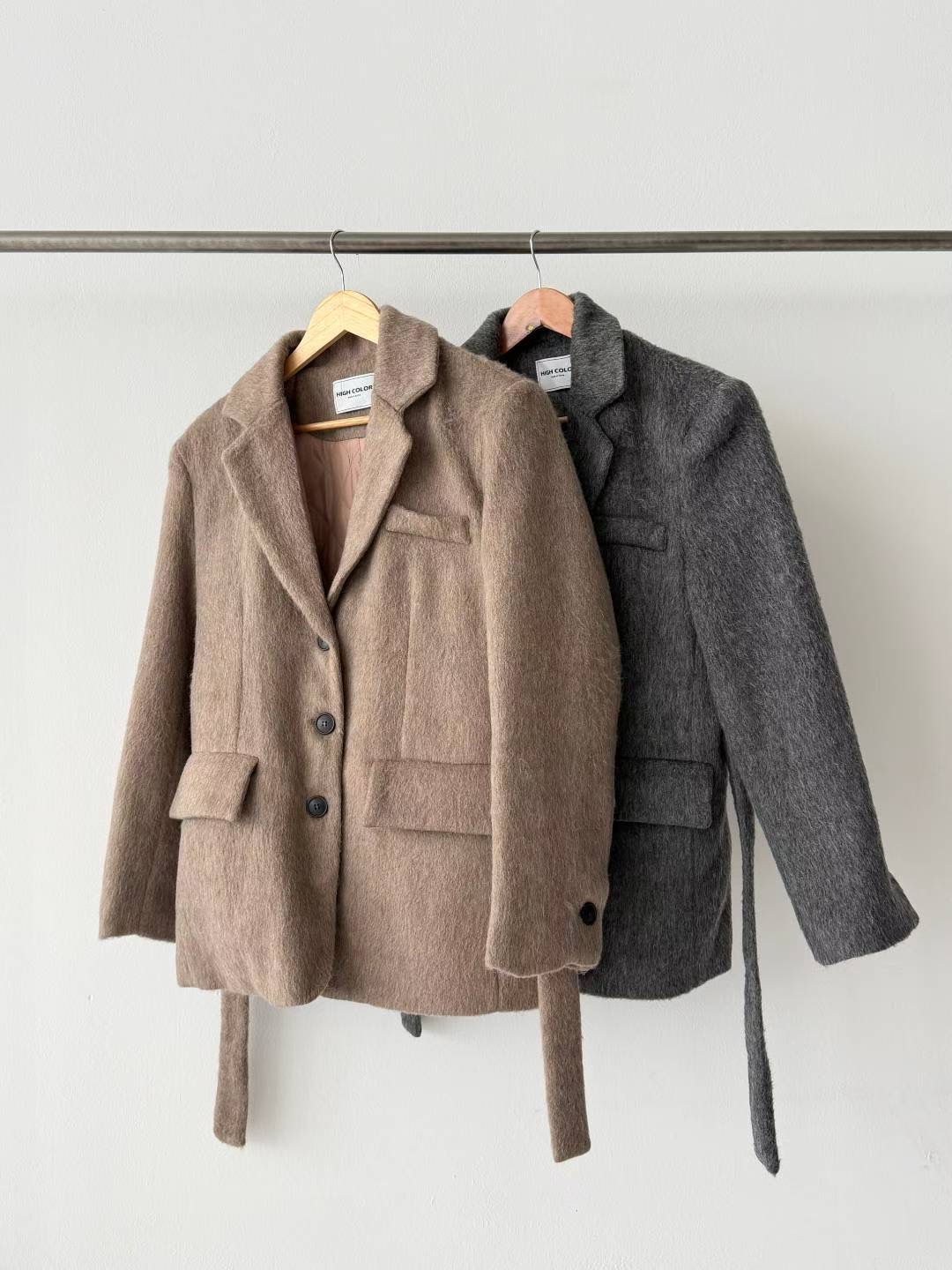 HIGH COLOR/NODI韓國代購㊣女裝新款休閑推薦短款大衣含腰帶HIGH COLOR/NODI短款大衣