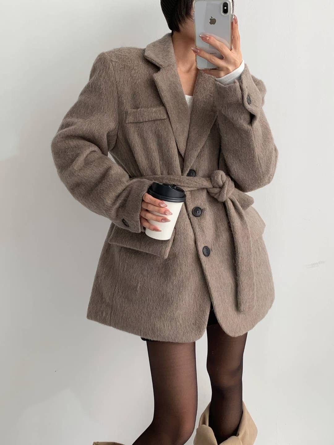 HIGH COLOR/NODI韓國代購㊣女裝新款休閑推薦短款大衣含腰帶HIGH COLOR/NODI短款大衣