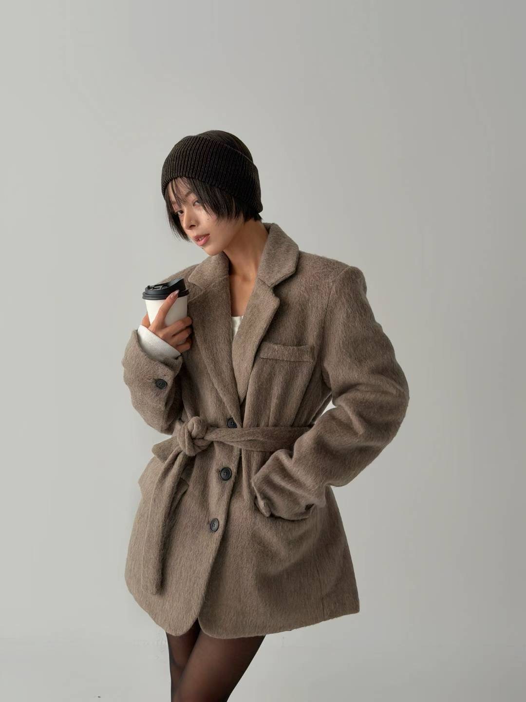 HIGH COLOR/NODI韓國代購㊣女裝新款休閑推薦短款大衣含腰帶HIGH COLOR/NODI短款大衣