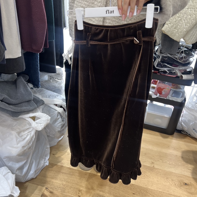 FLAT東大門㊣直郵女裝新品時尚半身裙中短裙天鵝絨含腰帶褶裙FLAT半身裙/中短裙圖色1