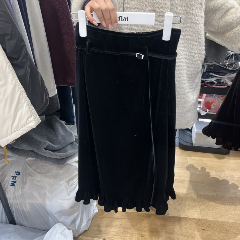 FLAT東大門㊣直郵女裝新品時尚半身裙中短裙天鵝絨含腰帶褶裙FLAT半身裙/中短裙圖色2