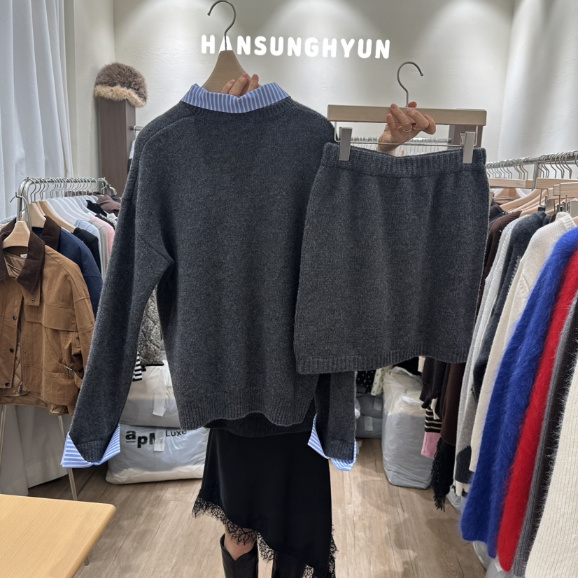 HANSUNGHYUN東大門㊣直郵女士新品25秋冬熱賣職業套裝羊毛條紋HANSUNGHYUN套裝
