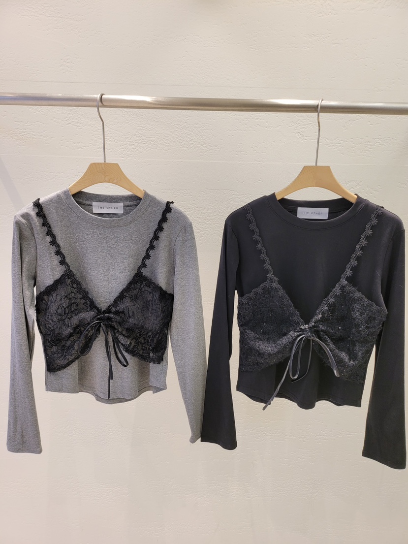 THE OTHER韓國直郵㊣女士新品職業人氣休閑長袖T恤假兩件蕾絲THE OTHER長袖T恤
